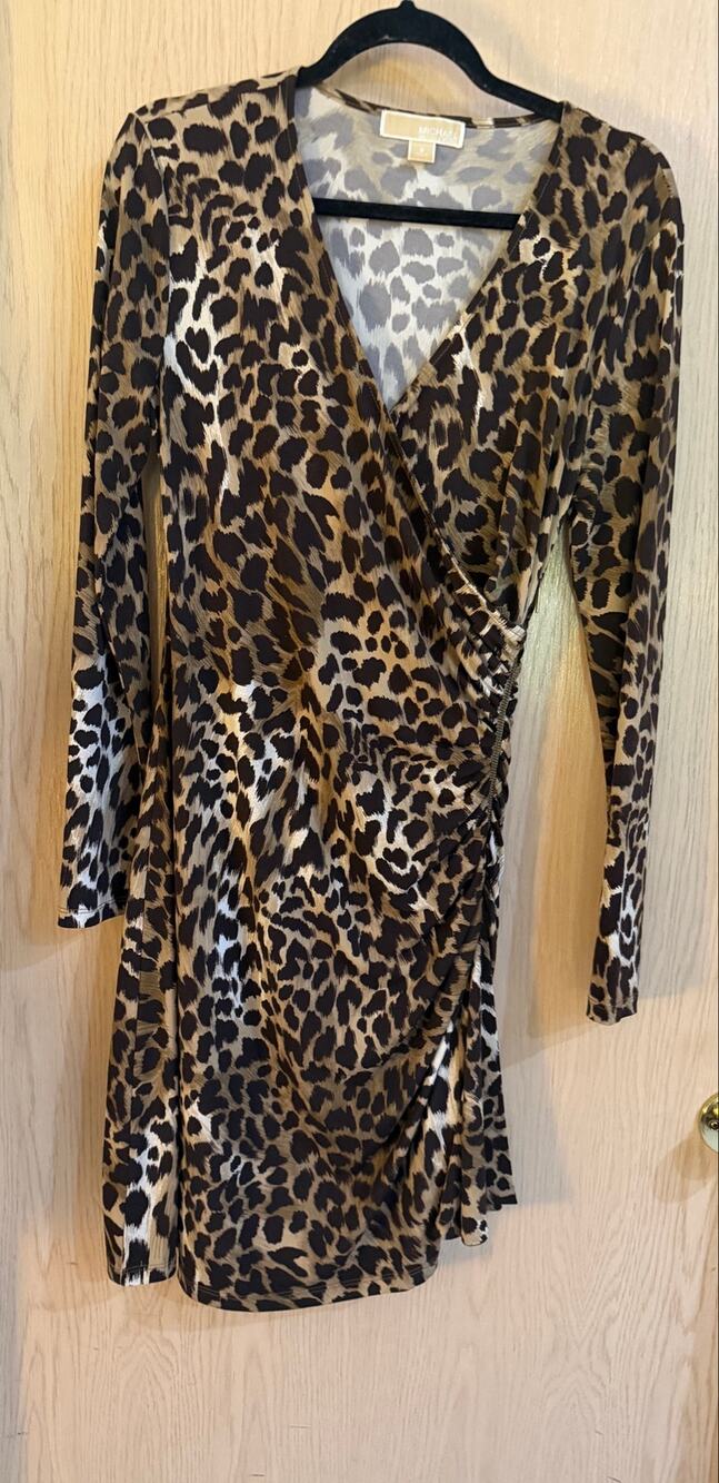 Michael Kors Leopard Print Ruched Faux Wrap Dress Size 8